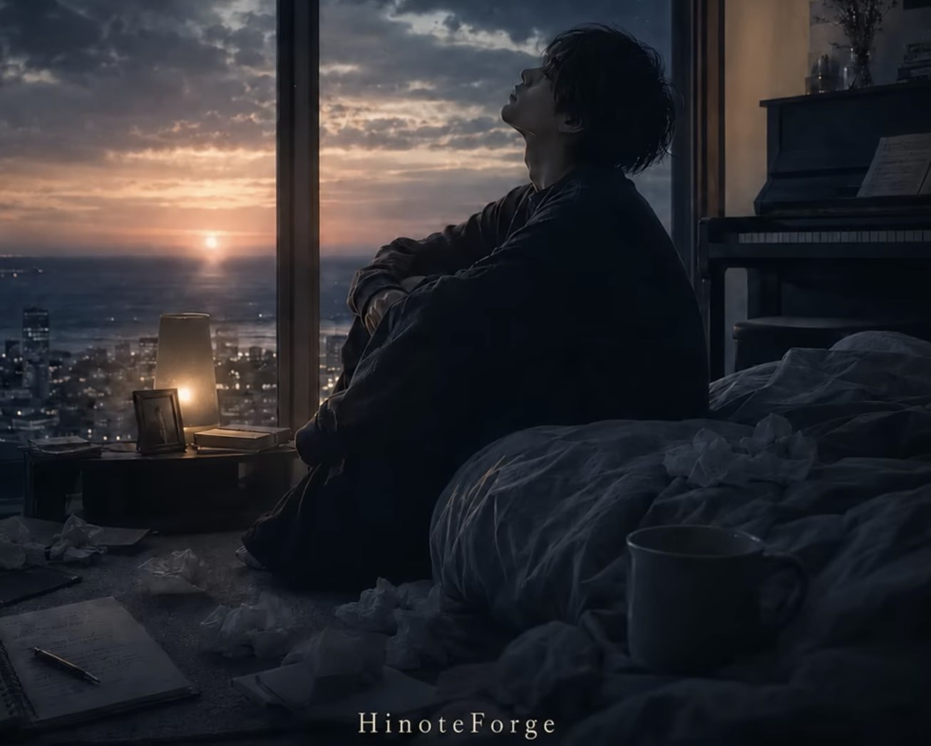 HinoTeForge YouTube music — a musician beside a piano at sunset